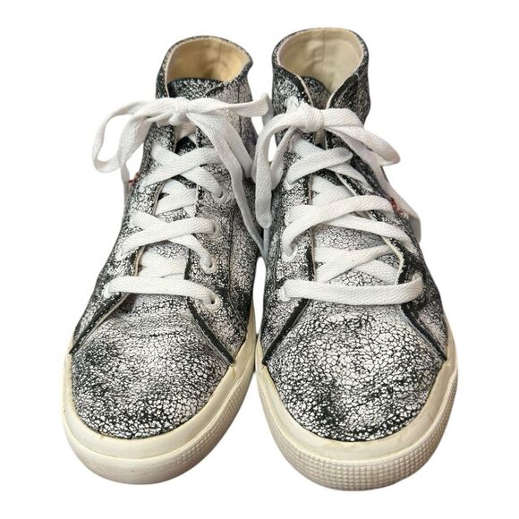 SUPERGA Black White Crackled Leather Hi / Mid Lace-up Sneakers 7 - Picture 4 of 6